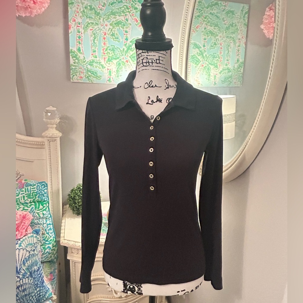 Lilly Pulitzer Remma black long sleeve polo top, size Small
